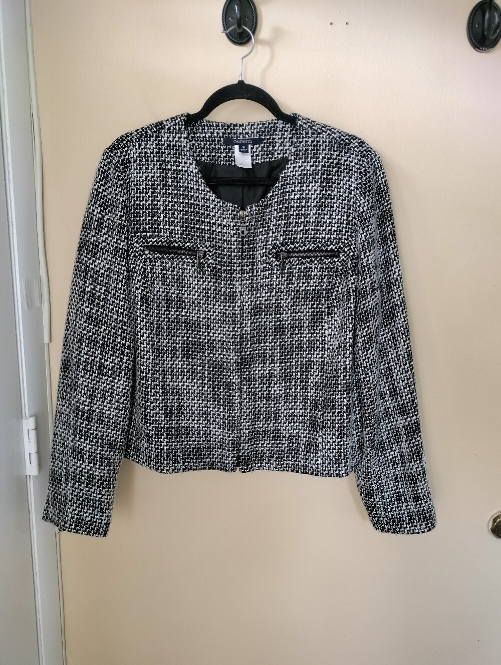 Chadwicks Classic Zip Black White Tweed Blazer Jacket 16 Office Sophisticated